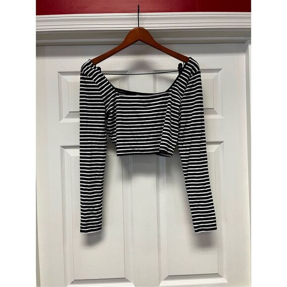 ASOS Black & White Ribbed Cropped Square Neck Long Sleeve Top sz 12 EUC - Picture 1 of 7